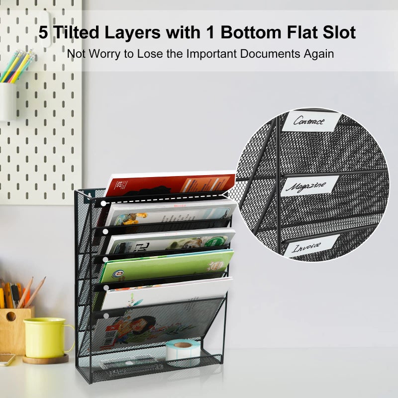 EasyPAG 5 Tier Wall File Holder Mesh Hanging Folder Organizer with Classify Label, Versatile Desk File Holder, Vertical Wall Mounted Mail Organizer for Office Home Cubicle, Black, Closed Sides - Image 4